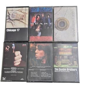 six classic rock and pop cassette tapes from the late 1970s and 1980s.